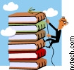 Shows a man climbing a high stack of books